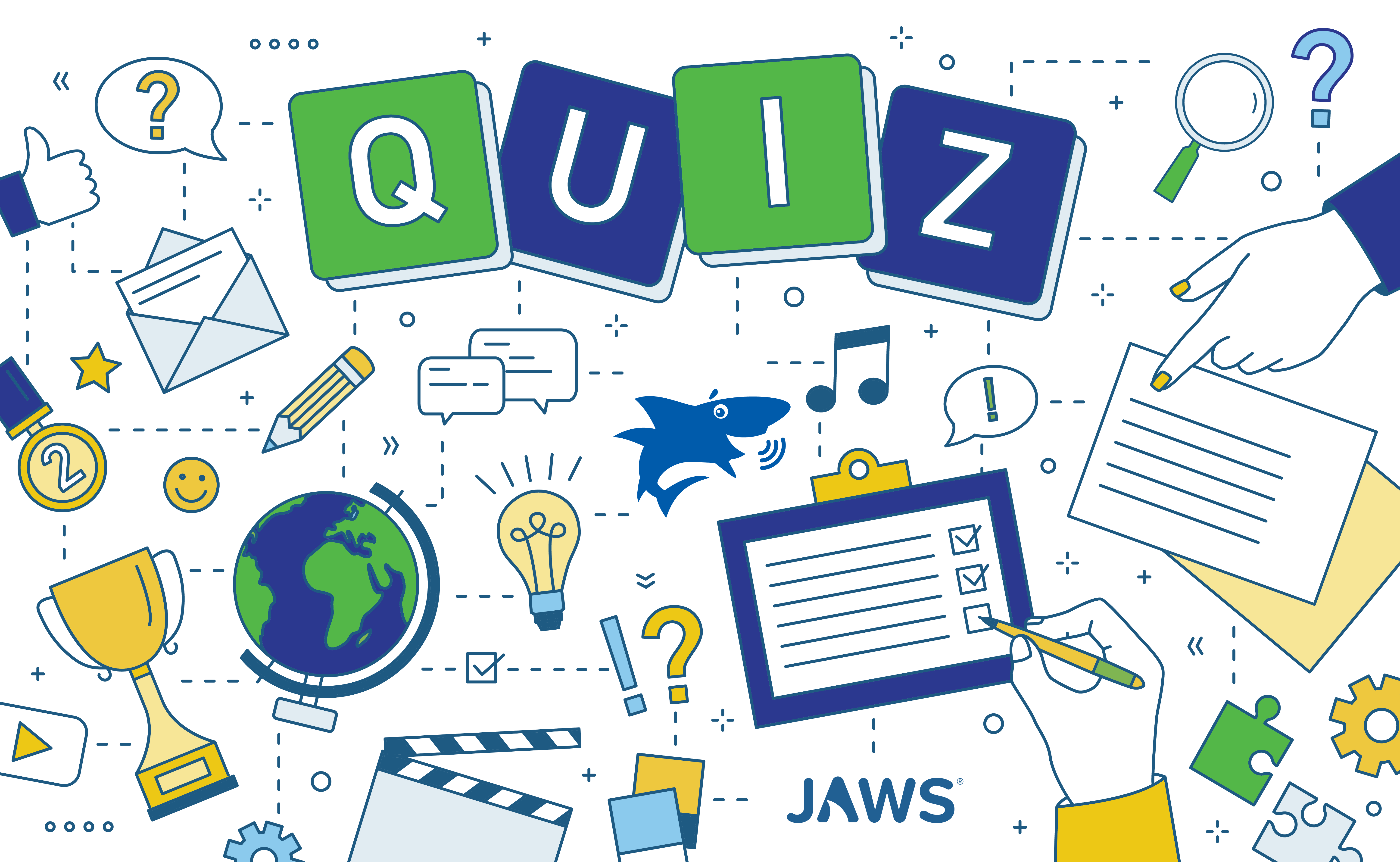 A collage of images with the text blocks 'quiz'  and graphics of gears and cogs, hands taking an exam, pencil, magnifying glass, play button, trophy, ribbons, puzzle pieces, etc.